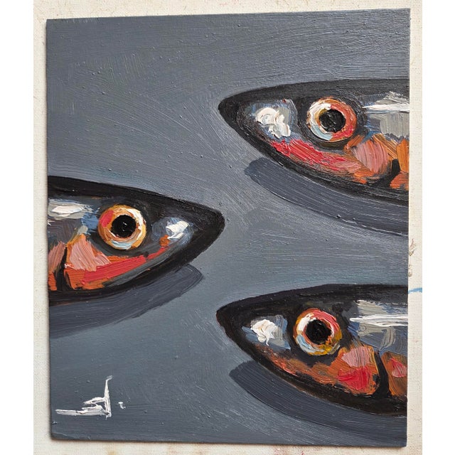 An impressionist oil painting of three sardines, by UK based artist Vivek Mandalia. Frame and hang in your home. 30 x 24...