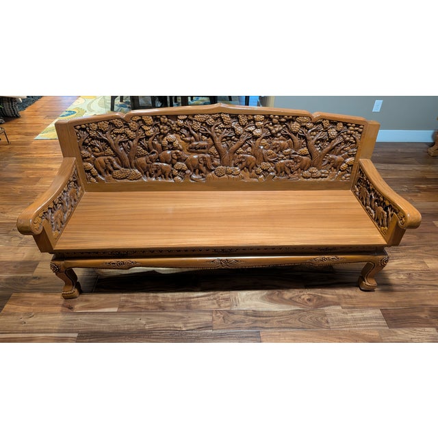 Brass Pure Forest Teakwood Highly Engraved Thailand Living Room 8-Piece Antique Furniture With Glass Tops , Pillows and Cusions Included in Addition For Sale - Image 8 of 11