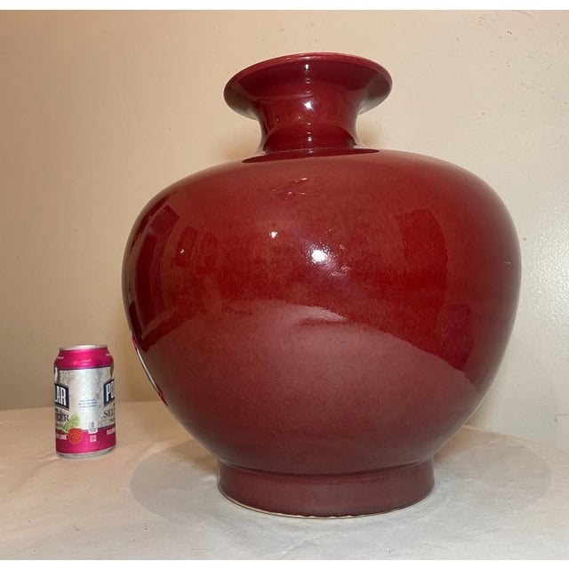 Oxblood Red Large Vintage Handmade Sang De Boeuf Chinese Red Oxblood Pottery Ceramic Vase For Sale - Image 8 of 12