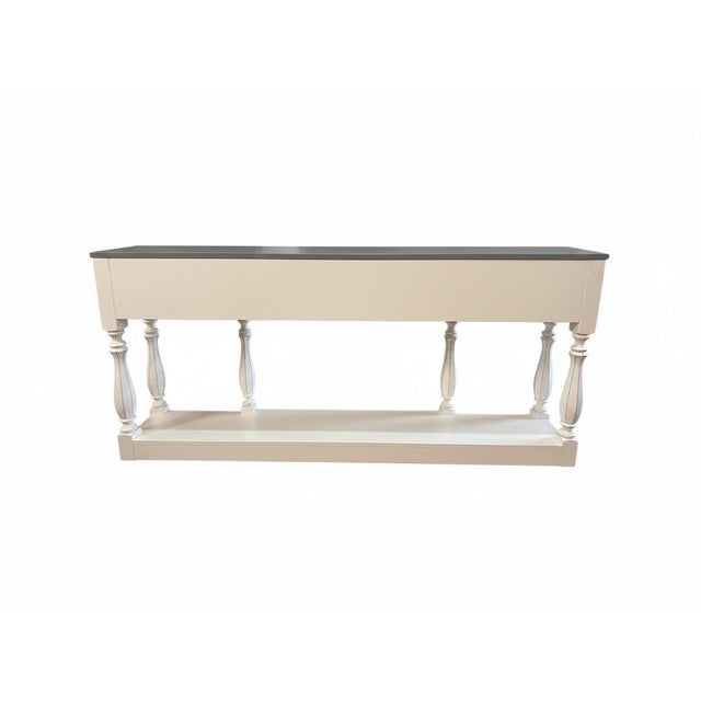 Wood French Country Distressed White Console Table With Dark Wood Top For Sale - Image 7 of 7