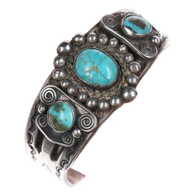 6 3/8" c1940's-50's Navajo Stamped silver bracelet with turquoise For Sale