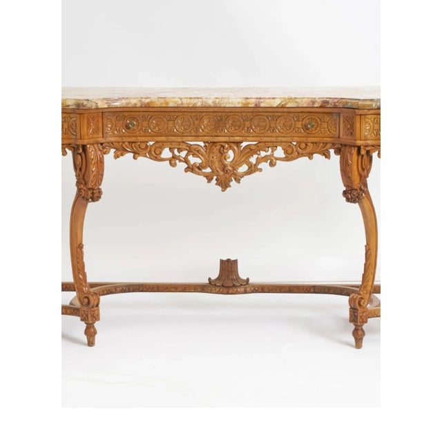 Antique English Hand-Carved Oak Wood Marble Top Continental Console Table For Sale - Image 11 of 12