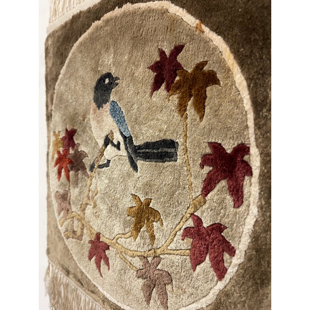 Textile Vintage Hand-Tufted Textile Wall Hanging With Bird and Autumn Leaves Motif, Fringed Decor Panel For Sale - Image 7 of 11