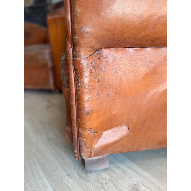 Tan Pair of Two Vintage Oversized French Leather Club Chairs For Sale - Image 8 of 18