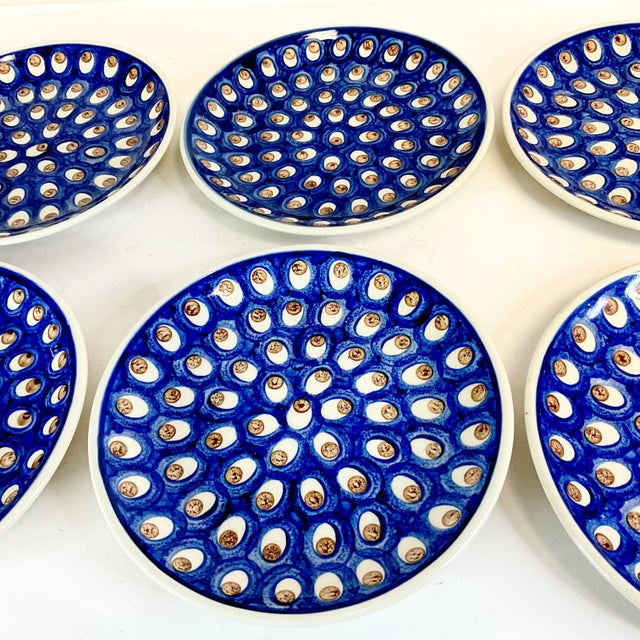 1980s Vintage Boho Chic Boleslawiec Polish Pottery Salad Plates, Original Peacock - Set of 6 For Sale - Image 9 of 9