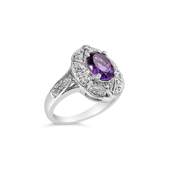 Contemporary Hause of Brilliance Sterling Silver Oval Purple Amethyst and Round Diamond Accent Fashion Cocktail Ring (I-J Color, I1-I2 Clarity), Size 6 For Sale - Image 3 of 7