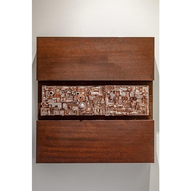 Assemblage 102” – Mixed Media Wall Sculpture in Sapele and Copper-Toned Industrial Elements, 13.5” X 14” For Sale In Atlanta - Image 6 of 6