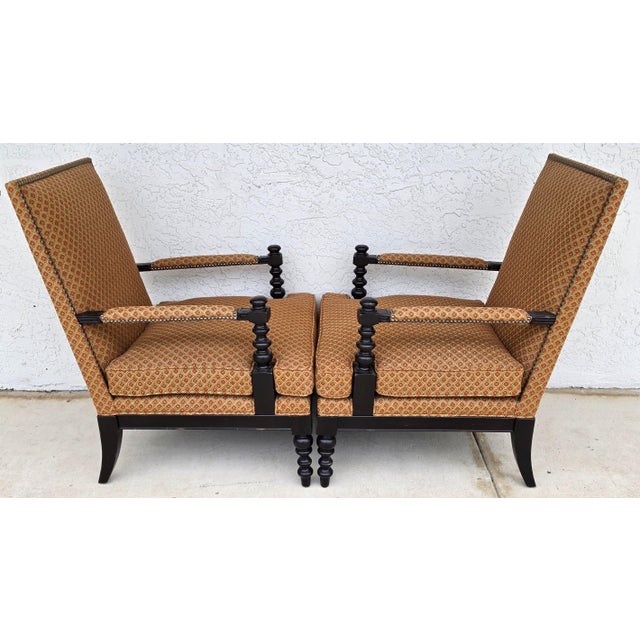Jacobean Louis XIII Style Bobbin Turned Lounge Armchairs Ebonized Nailhead Pair For Sale - Image 11 of 15