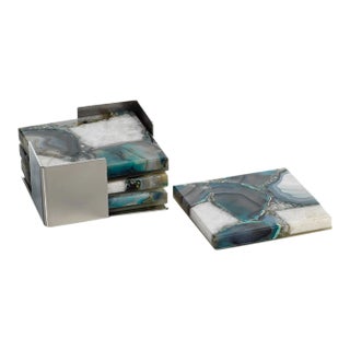 Corfu Agate Coasters on Metal Tray, Green & White, 5 Pieces For Sale