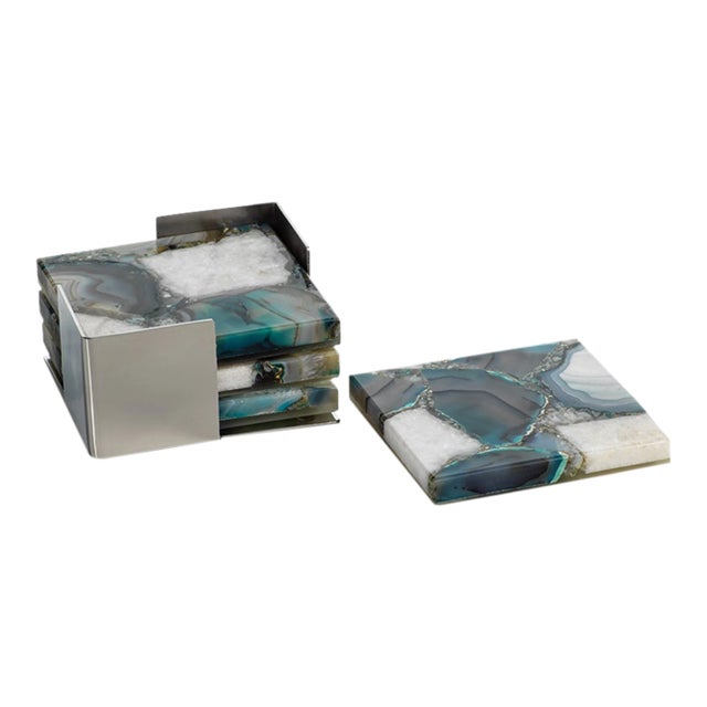 Corfu Agate Coasters on Metal Tray, Green & White, 5 Pieces For Sale