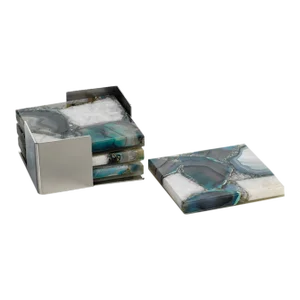 Corfu Agate Coasters on Metal Tray, Green & White, 5 Pieces
