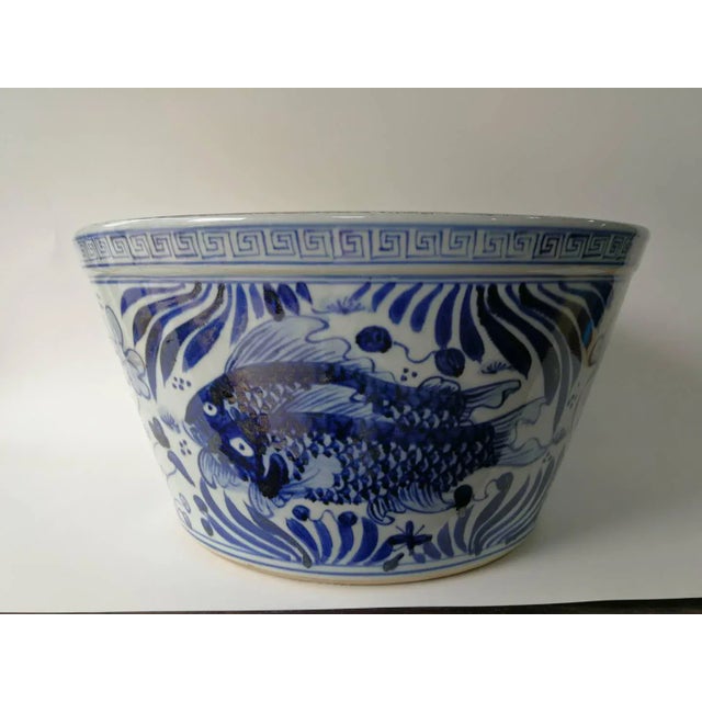 2020s Chinese Blue and White Oriental Fish Bowl Planter For Sale - Image 5 of 11