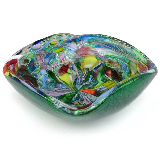 AVeM Italy Murano Avem Green Millefiori Flower Silver Flecks Aventurine Ribbons Italian Art Glass Vintage Ashtray Bowl For Sale - Image 4 of 7