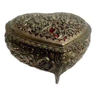 Mid 20th Century Metal Rose Flower Vine Filigree Heart Shaped Small Jewelry Box Red Velvet Lining For Sale
