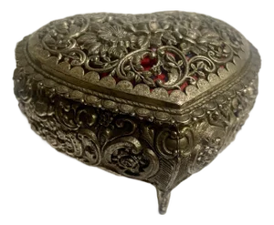 Mid 20th Century Metal Rose Flower Vine Filigree Heart Shaped Small Jewelry Box Red Velvet Lining