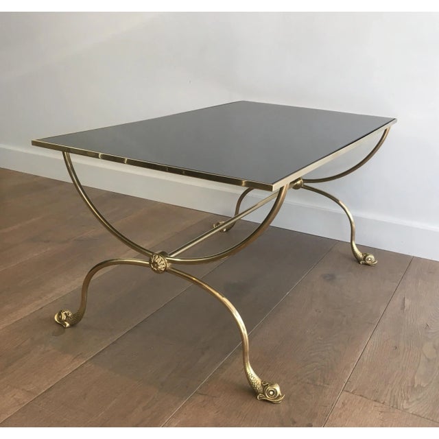 Neoclassical Neoclassical Style Brass Coffee Table with Dolphins Heads and Mirror Top For Sale - Image 3 of 13