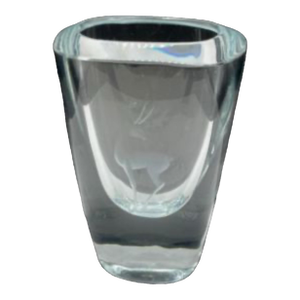 Mid Century Stromberg Heavy Crystal Vase With Etched Antelope, Signed