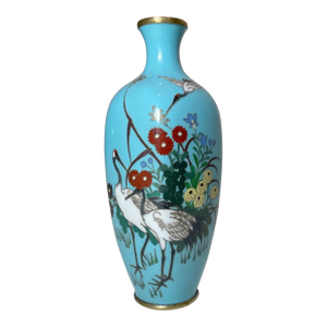 Antique 19th Century Japanese Meiji Cloiosnne Miniature Enamel Crane Blue Vase
