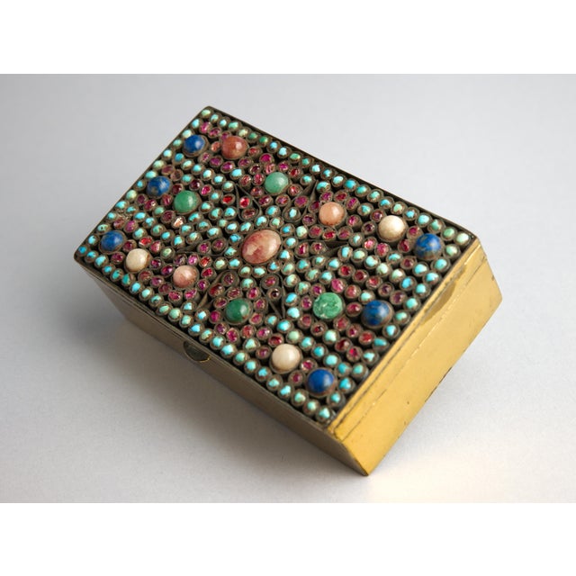 Turquoise Mid 20th Century Nepalese Style Brass Jewelry Box With Turquoise, Lapis Lazuli & Chalcedony Inlay For Sale - Image 8 of 10