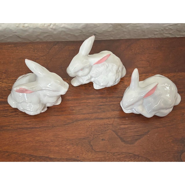 Charming trio of small white bunny rabbits with pink ears and eyes. Perfect spring decor. Please see condition details...