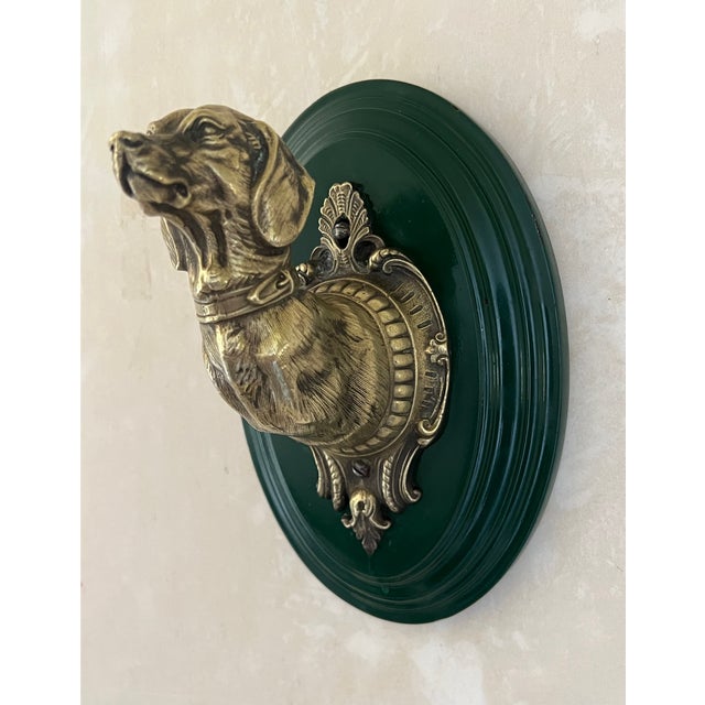 Brass Brass Dog Leash Hook on Green Oval Backplate For Sale - Image 8 of 10