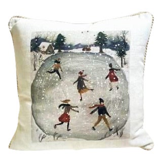 Skating on the Pond White Linen Corded Pillow For Sale