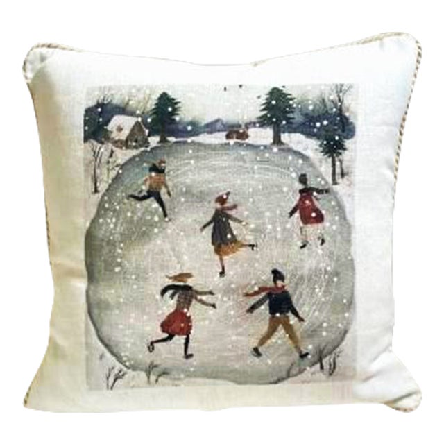 Skating on the Pond White Linen Corded Pillow For Sale