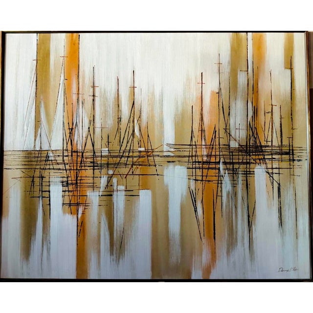 Exceptional Mid Century Dennis Blair Framed Abstract Impressionist Nautical Sailboats Stylized Vertical Linear Sketched Overlay For Sale - Image 11 of 14