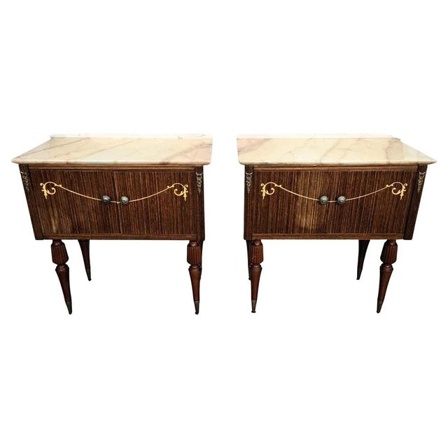 Italian Art Deco Nightstands in Burl Veneer Wood with Marble Top, 1950s, Set of 2 For Sale - Image 10 of 10