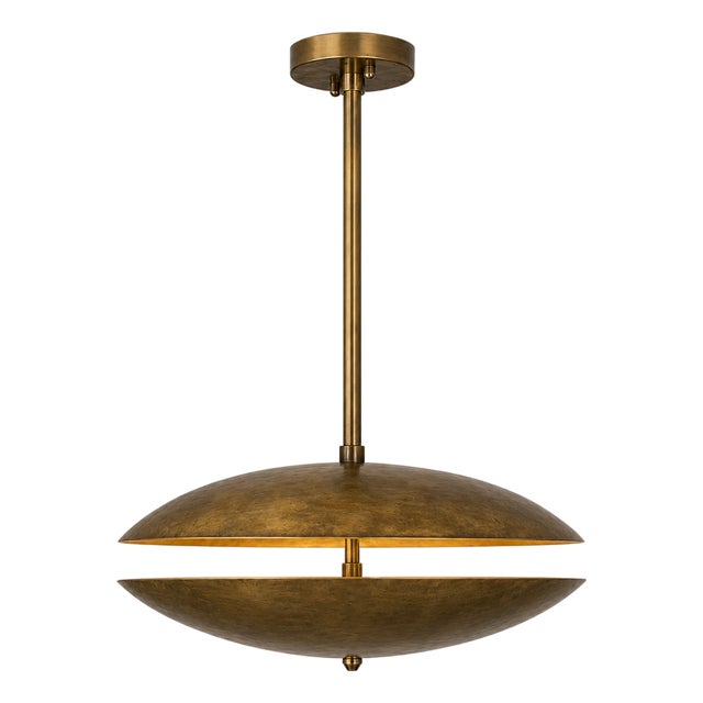 Dual Brass Disc Chandelier, Mid Century Modern Ufo Pendant Light, Handmade Brass Saucer Ceiling Light, 4-Light Dining Room Statement Fixture For Sale