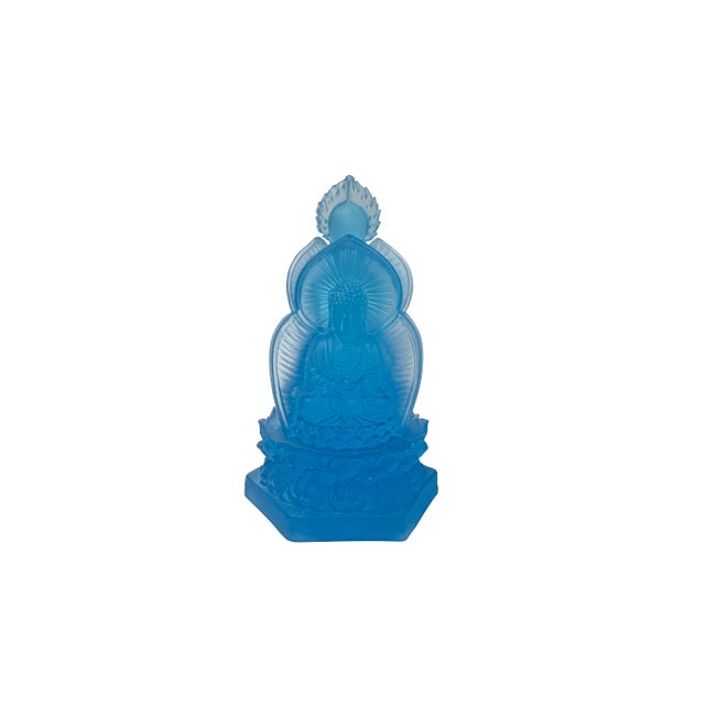 Blue Frosted Crystal Glass Lotus Base 3 Sides Bodhisattva Sanbao Figure For Sale - Image 12 of 13