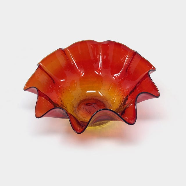 Mid-Century Modern Vintage Mid Century Amberina Crackle Glass Ruffled Bowl For Sale - Image 3 of 4