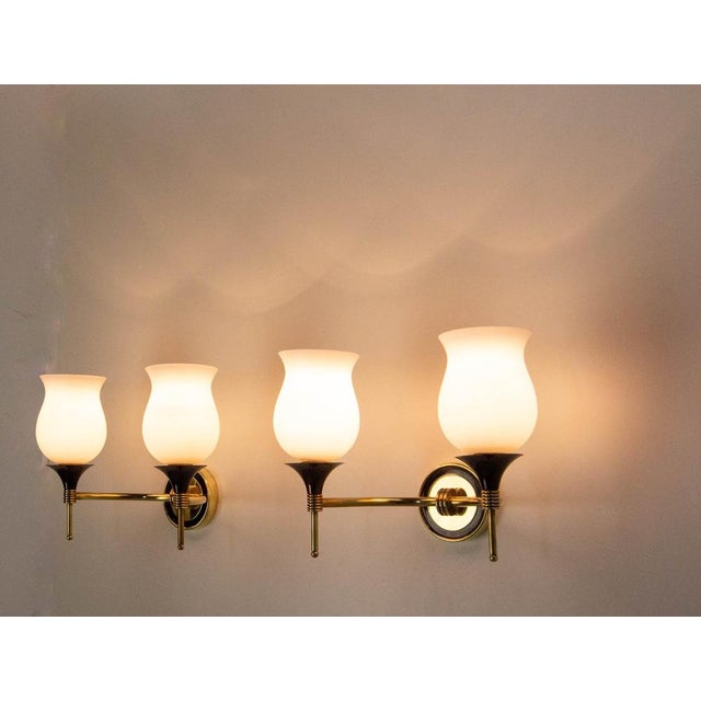 French Double Sconces in Brass and Black Metal with Opaline Glass Shades, 1960s, Set of 2 For Sale - Image 6 of 15