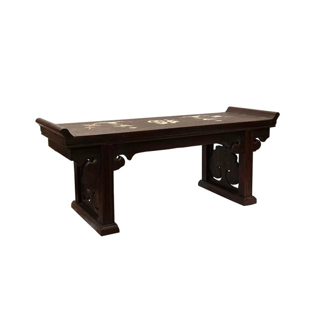 This is a handmade Chinese accent decorative display stand made of wood with a natural wood pattern patina and mother-of-...