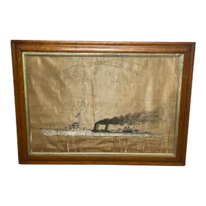 1910s Nautical Silk Embroidery Royal Navy Light Cruiser Ship Hms Concord Maple Framed