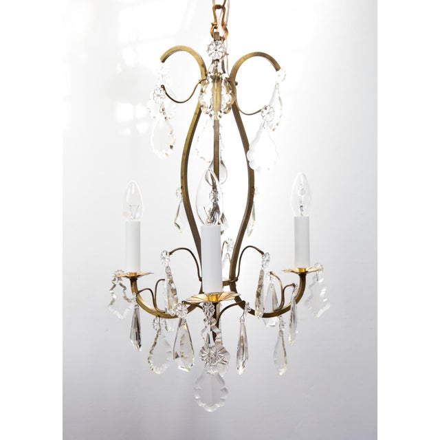 French Brass Chandelier with 3 Arms and Crystals, 1940s For Sale - Image 4 of 12