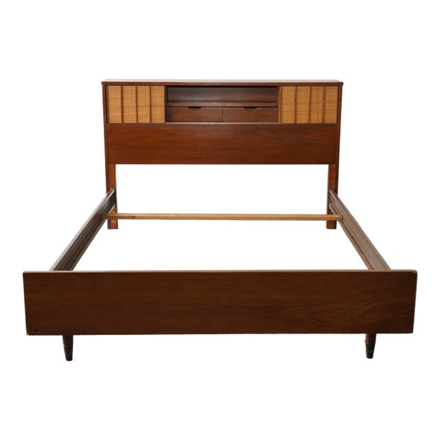 Hooker Furniture Mid-Century Modern Walnut & Cane Full Size Headboard Bed Frame For Sale