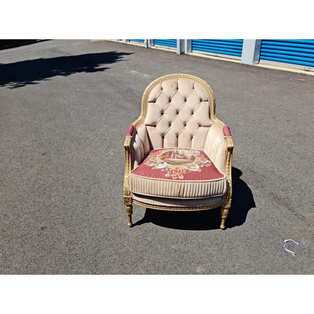 New 20th Century Antique Style Wood Carved Upholstered Bergere Chair for Living Room For Sale - Image 9 of 9