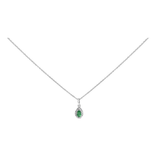 10K White Gold 5x3mm Green Emerald and Diamond Accent Halo Pear Shape 18" Pendant Necklace (I-J Color, I1-I2 Clarity) For Sale
