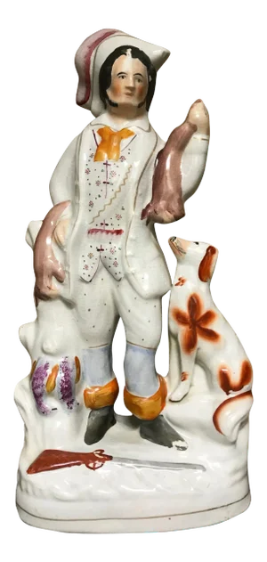 19th Century English Staffordshire Hunter with Dog, Rabbits and Game