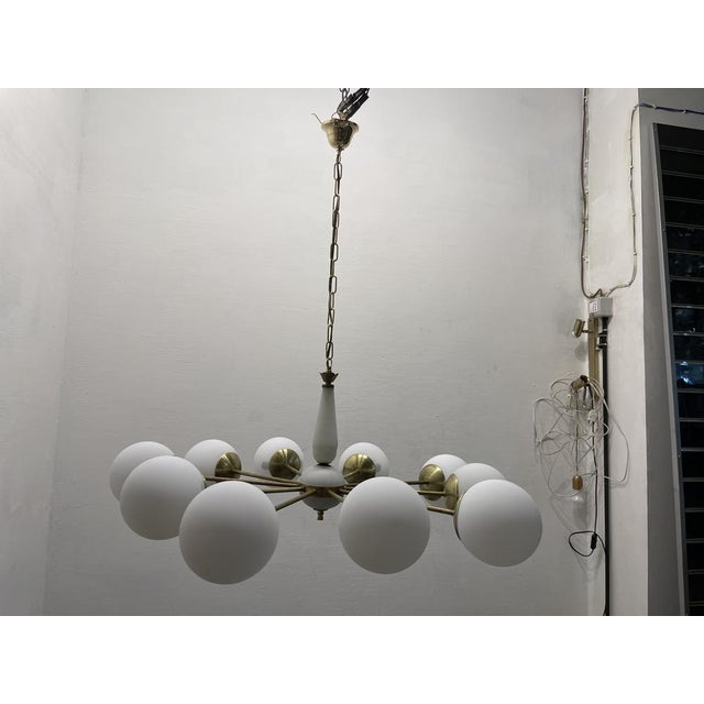 Sputnik 10-Light Chandelier in Opaline Glass and Brass, 1960s For Sale - Image 6 of 13