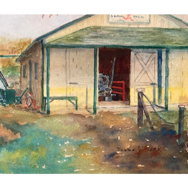 Watercolor on paper of a farmyard by Kansas / Missouri artist Verna Alice Johnston Peck (1889-1971). Signed lower right....