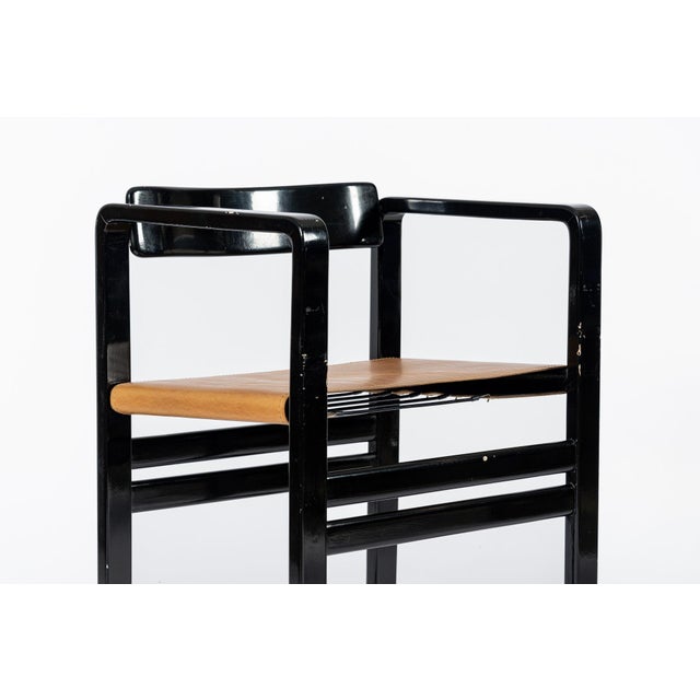 Mid Century Modern Black Lacquer and Brown Leather Arm Chairs 1970s For Sale - Image 11 of 15