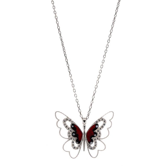 Contemporary Peace Red Butterfly Sterling Silver Pendant Necklace For Sale - Image 3 of 7