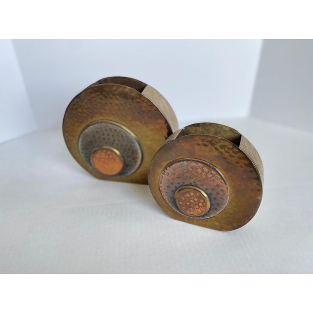 Vintage Pair Rosenthal Netter hammered brass and copper art deco-inspired modern disc vases. Listing is for one vase....