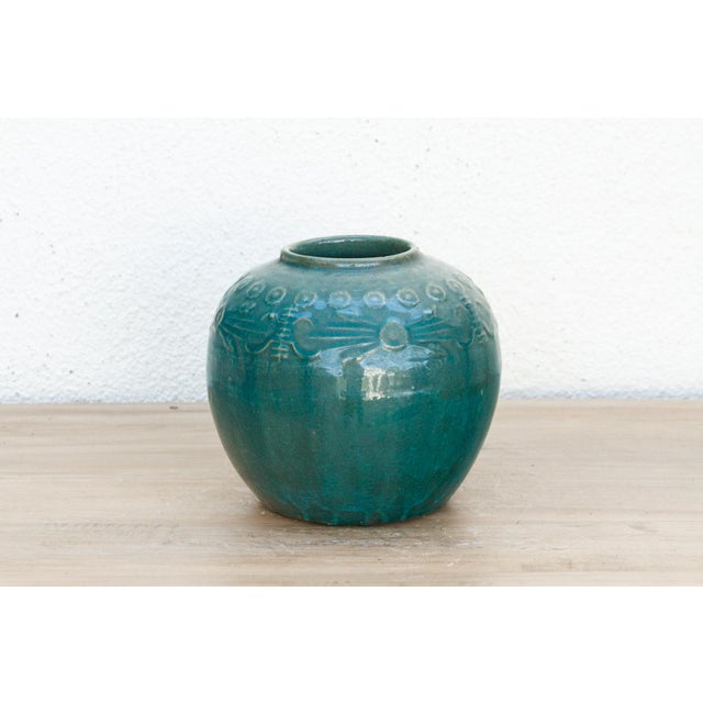 Farmhouse Deep Emerald Glazed Ceramic Vase For Sale - Image 3 of 8