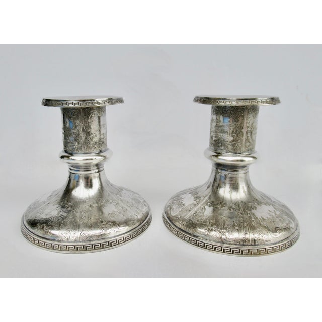 Vintage: Victorian Era, silver plate Repousse' Candle Holders with incised /recessed Greek Key details to Top and Base...