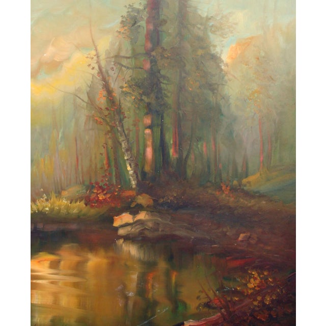 Stunning forest landscape of trees reflecting in water at sunset by Charles Grove (American, 20th Century). Signed...