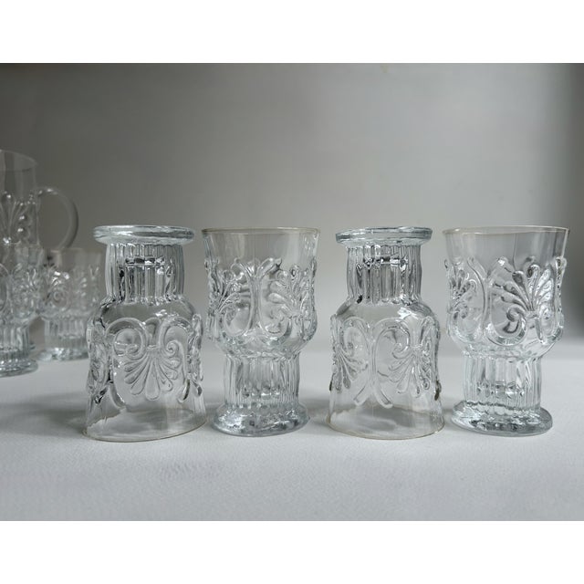 1980s Vintage Pilgrim Glass "Adams" Clear Set of 8 Pedestal Glasses + Pitcher For Sale - Image 5 of 18