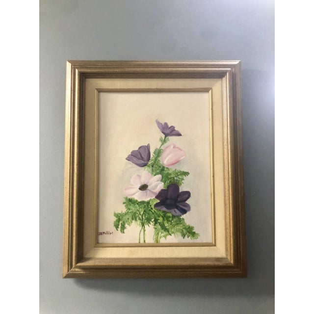 Lovely floral poppies still life painting on canvas in beautiful soothing colors of pink and purple. Displayed in wood...